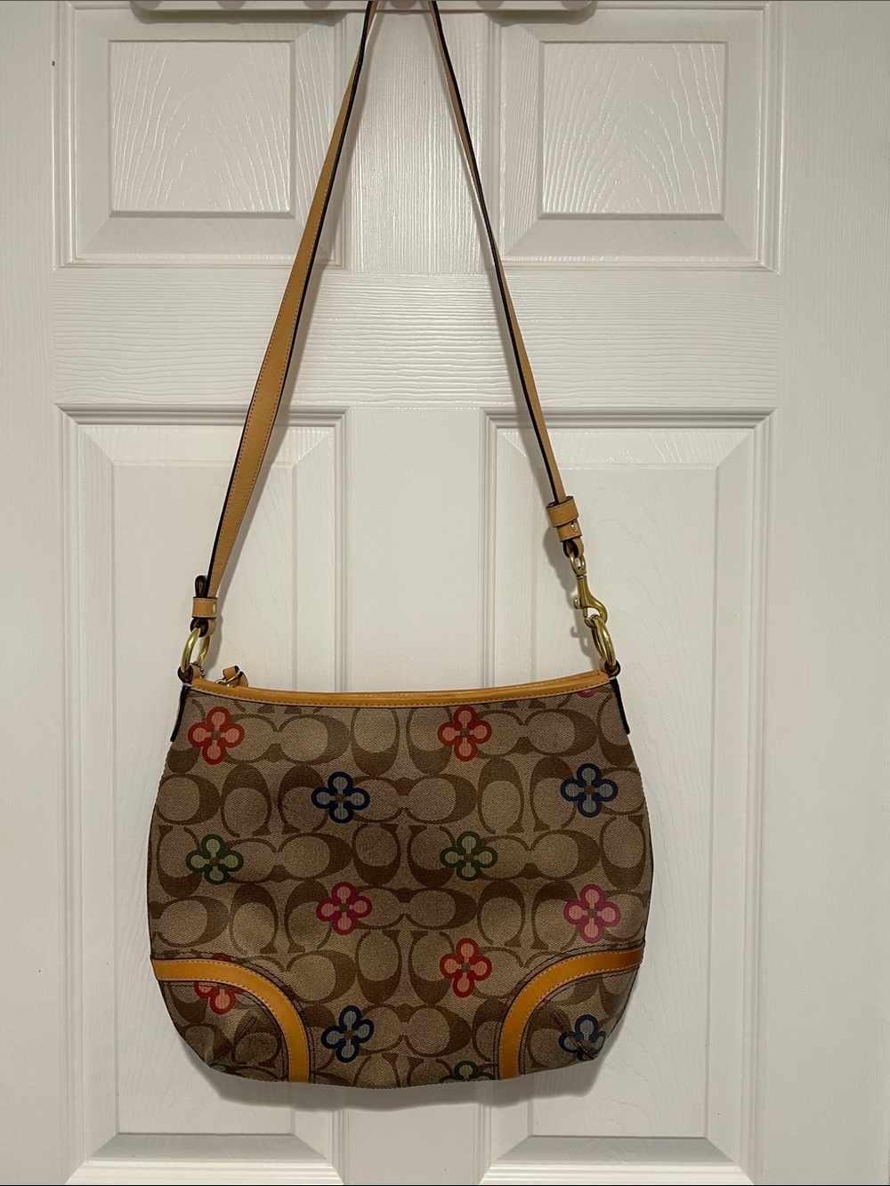 Coach Tan Signature Canvas Shoulder Bag with Multicolor Floral Accents - Picture 3 of 7